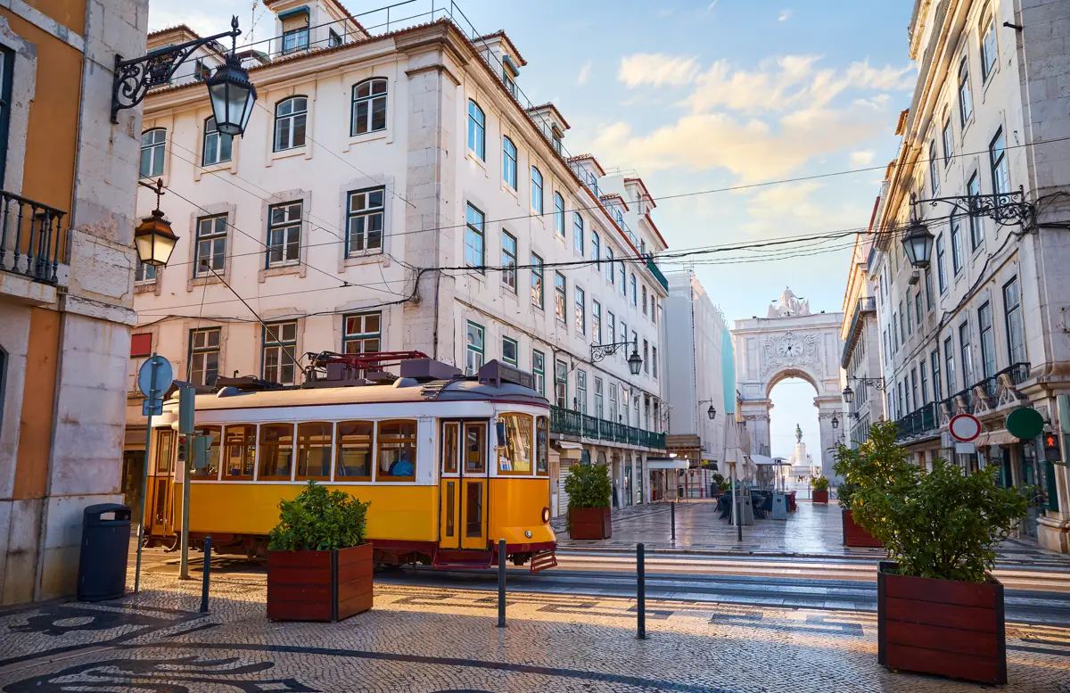 Yellow tram in Lisbon's Baixa district