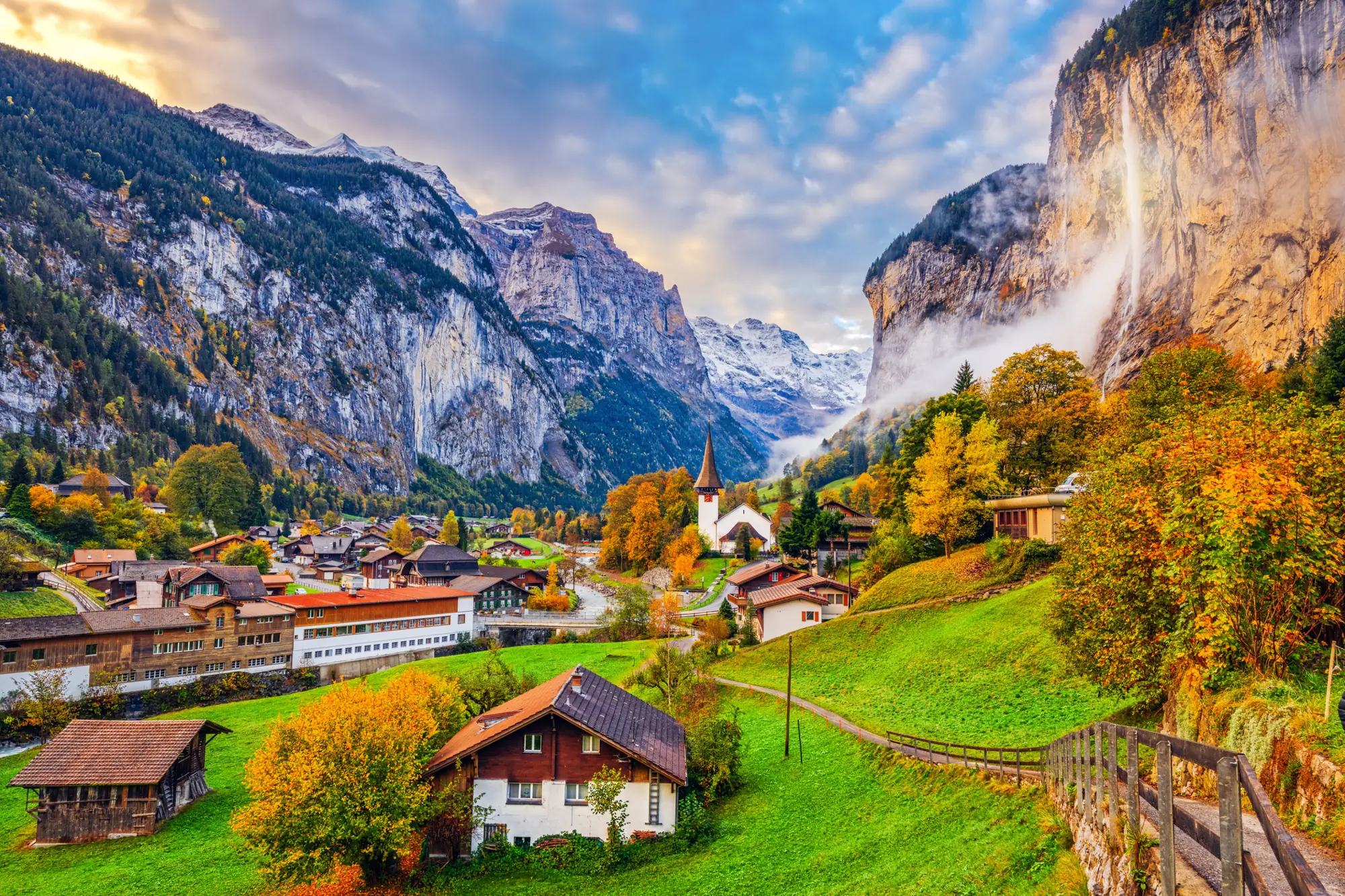 Lauterbrunnen valley and waterfall in the Swiss Alps